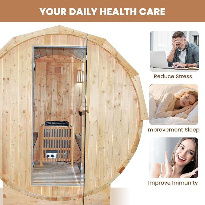 Outdoor Barrel Sauna 4 Person Traditional Steam Sauna 220V Wood Personal Spa Room with 4.5KW Heater Thermometer Hourglass Cup Holders 59''x74.21"x75.85"