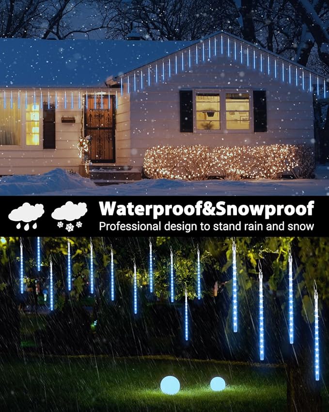 Flacchi Solar Meteor Shower Icicle Lights - 20 Tubes 480 LED Cascading Raindrop Lights, Outdoor Waterproof Christmas Decorations for Holiday Party (Blue, Solar 20 Tubes)