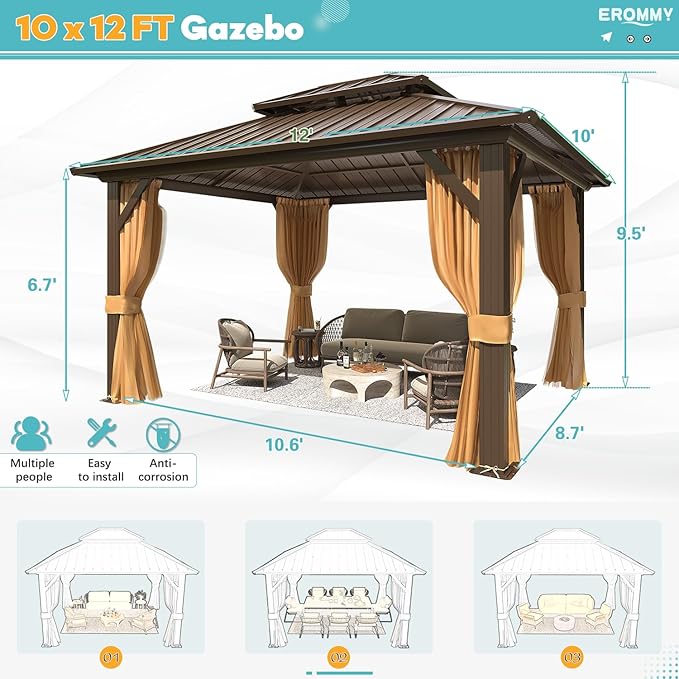 EROMMY 10'x12' Gazebo Hardtop, Galvanized Steel Double Roof Metal Gazebo with Aluminum Frame, Permanent Outdoor Pavilion with Curtain and Netting for Patio, Lawn and Garden, Brown