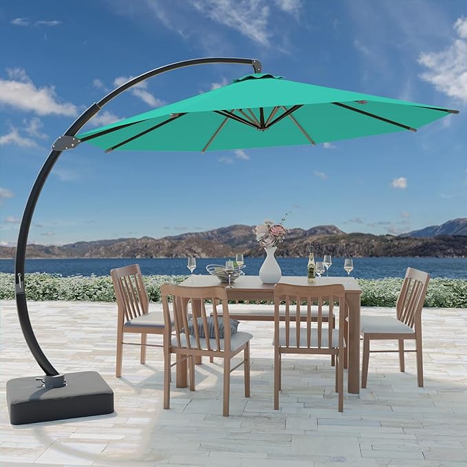 Outdoor Patio Umbrella with Sand Bag Included, 11 FT Deluxe Curvy Cantilever Umbrella Offset Hanging Umbrella with 360° Rotation for Market, Pool, Garden, Backyard, Deck