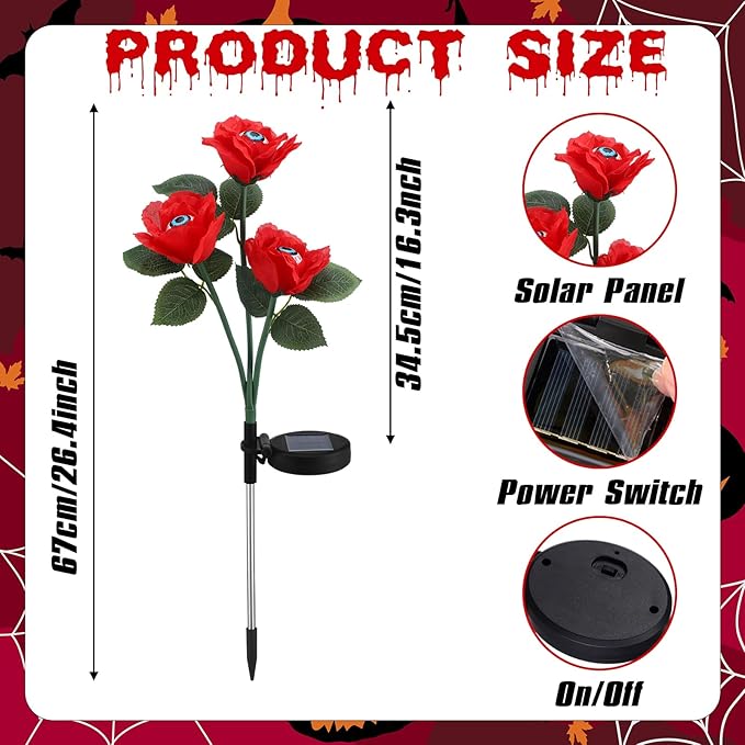Riakrum 2 Pack Halloween Solar Eyeballs Stake Lights Waterproof Scary Roses Solar Lights Halloween Outdoor Decorations for Garden Yard Patio Pathway Lawn Party Outside Decor