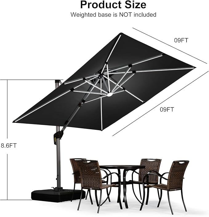 PURPLE LEAF 9 Feet Double Top Deluxe Solar Powered LED Square Patio Umbrella Offset Hanging Umbrella Outdoor Market Umbrella Garden Umbrella, Grey