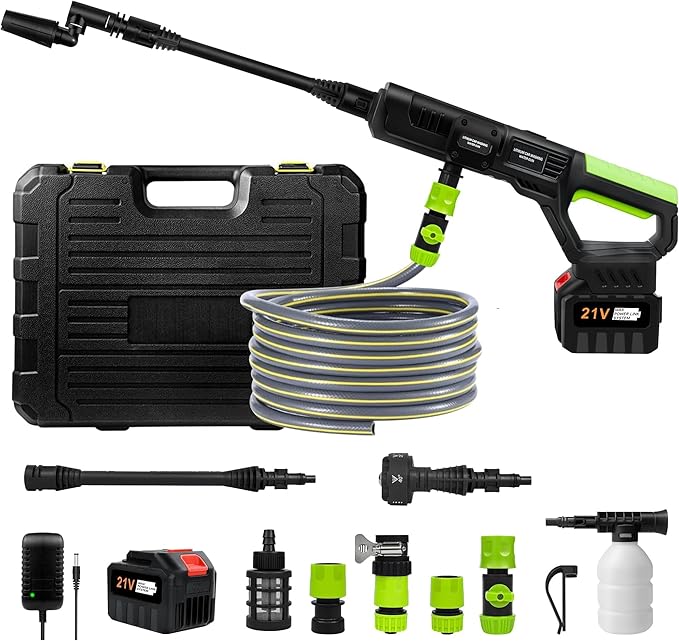 1200PSI Cordless Electric Pressure Washer Pro (21V 2000mAh 2 Batteries), 16.4FT Drain Hose, 6-in-1 Nozzle, Pressure Washer Gun for Cars Fences Driveways Patios Home Cleaning