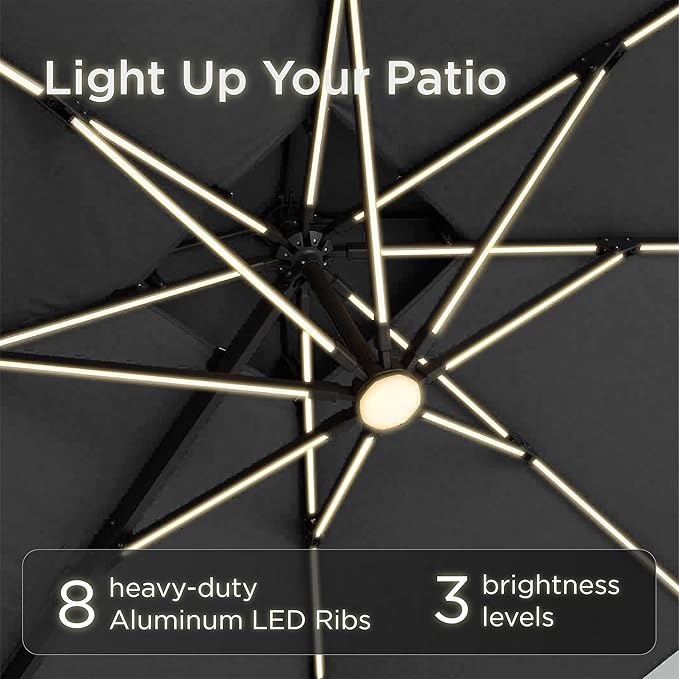 10x10 FT Cantilever Patio Umbrella with Led Lights Double Top Outdoor Square Heavy Duty Offset Umbrellas 360°Rotation Free-motion Track Tilt Windproof for Pool Deck Garden, Grey