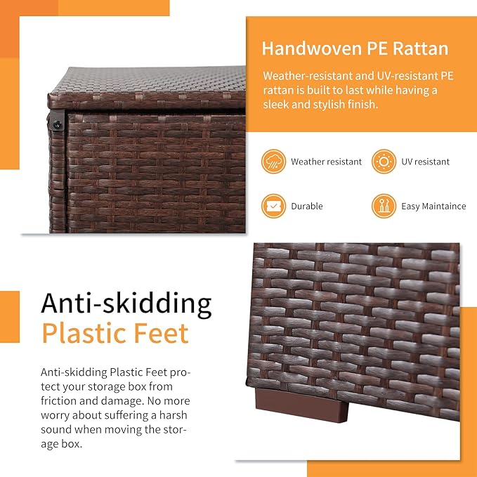 Patiorama 88 Gallon Wicker Deck Box, Indoor/Outdoor Storage Box for Patio Cushions, and Gardening Tools- Resin Rattan Patio Cushion Storage Bin, Brown