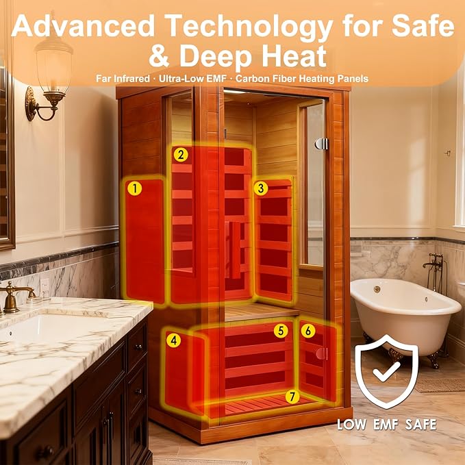 Far Infrared Sauna 1170W 110V, Low EMF Infrared Sauna with Red Light Therapy, Carbon Fiber Infrared Saunas 1 Person W/Bluetooth Speakers/Control Panel for Basement/Home Gym/Bathroom