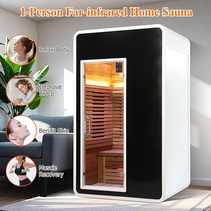 1 Person Infrared Sauna for Home,Canadian Cedar Outdoor Wooden Dry Sauna with Rapid Heating Tubes&Carbon Plate,LCD Control Panel and Tempered Glass Door (1-Person)