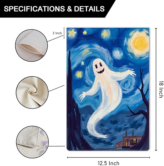 Starry Night Ghost Garden Flag Halloween Holiday Garden Flag Vertical Double Sided Rustic Farmland Burlap Yard Lawn Outdoor Decor 12.5x18"