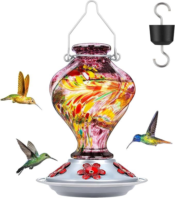 Hummingbird Feeders for Outdoors Hanging, BOLITE Glass Hummingbird Feeder, Hand Blown Twisted with Ant Moat and Five Feeding Ports, 24 Ounces, Leak Proof, Purple, Gifts for Women Men