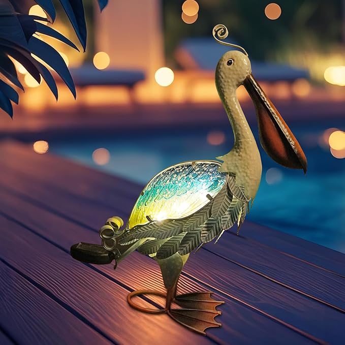 HONGLAND Solar Metal Pelican Statues Garden Sculpture & Statues, 19 Inch Glass Outdoor Pelican Yard Art Coastal Ocean Bird Decor Lawn Ornament for Backyard Porch Patio Decor（Blue-Green）