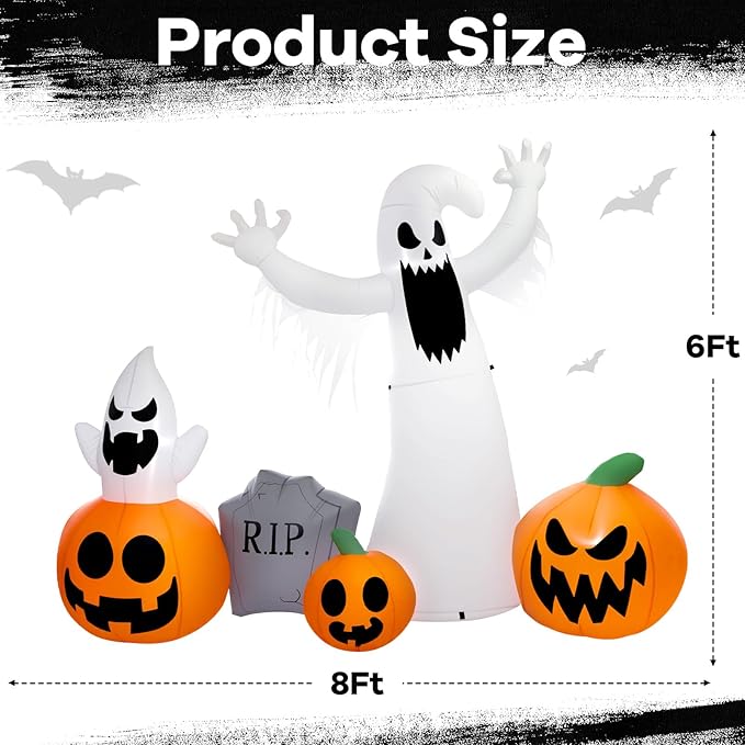 8 Ft Halloween Inflatables Outdoor Decorations, Halloween Decorations Ghost Pumpkins Tombstone with Built-in LED Lights for Halloween Party Indoor Outdoor Decor
