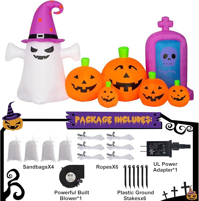 Halloween Decorations Outdoors 8FT Long Inflatable Pumpkin with Ghost and Skull Tombstone Scary Blow Up Halloween Pumpkin Decoration Built-in LEDs for Party Garden Lawn Decor