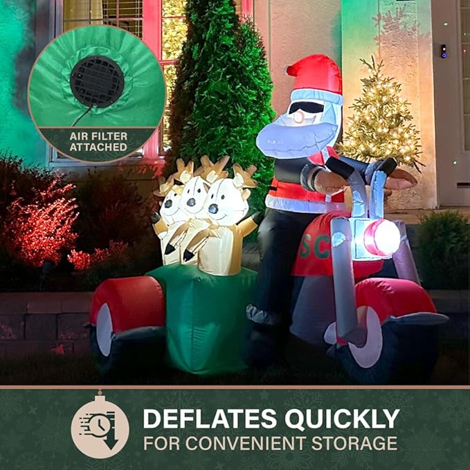 Fraser Hill Farm 6-Ft. Tall Santa on Motorcycle with Reindeer Sidecar Blow Up Inflatable with Lights, Outdoor Christmas Inflatable Decoration for Lawn and Yard, Giant Festive Holiday Decor