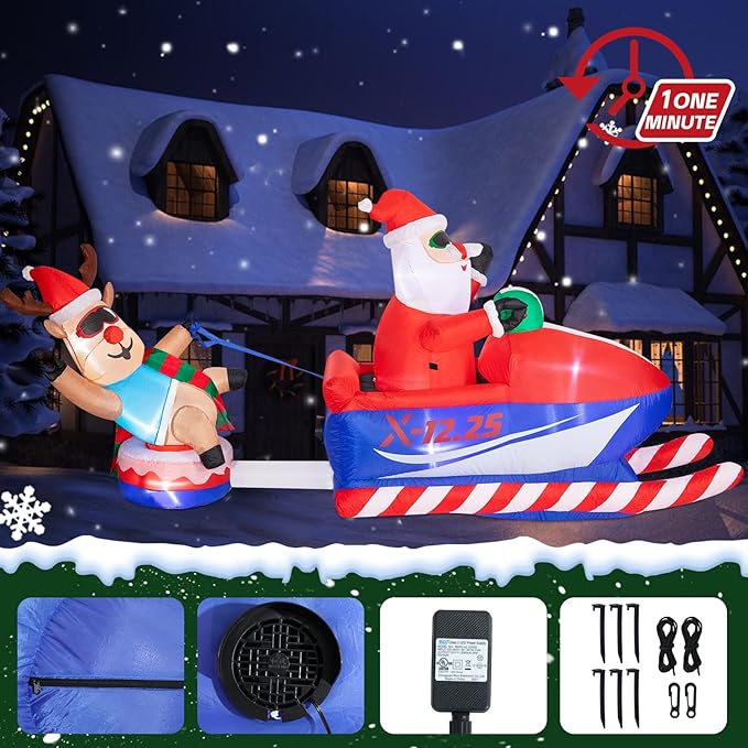 8.46 FT Christmas Inflatables Outdoor Decorations Christmas Blow Up Snowmobile Santa Claus and Reindeer Sleigh with LED Light for Lawn Garden Holiday Party Yard Xmas Decor