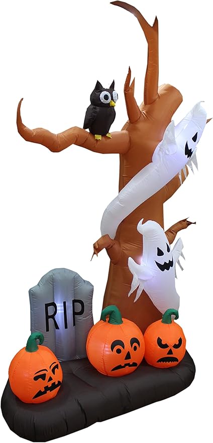 9 Foot Tall Halloween Inflatable Tree with Ghosts, Pumpkins, Owl and Tombstone LED Lights Decor Outdoor Indoor Holiday Decorations, Blow up Lighted Yard Decor, Lawn Inflatables Home Family Outside
