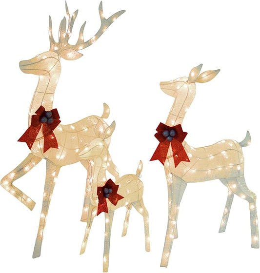 Outdoor Christmas Deer Decor 3-Piece Set, 5 FT Large Reindeer Family (Buck/Doe/Fawn) with 210 Warm White LEDs, Cotton Twine & Iron, Weatherproof Holiday Lights for Yard, Garden, Party, White