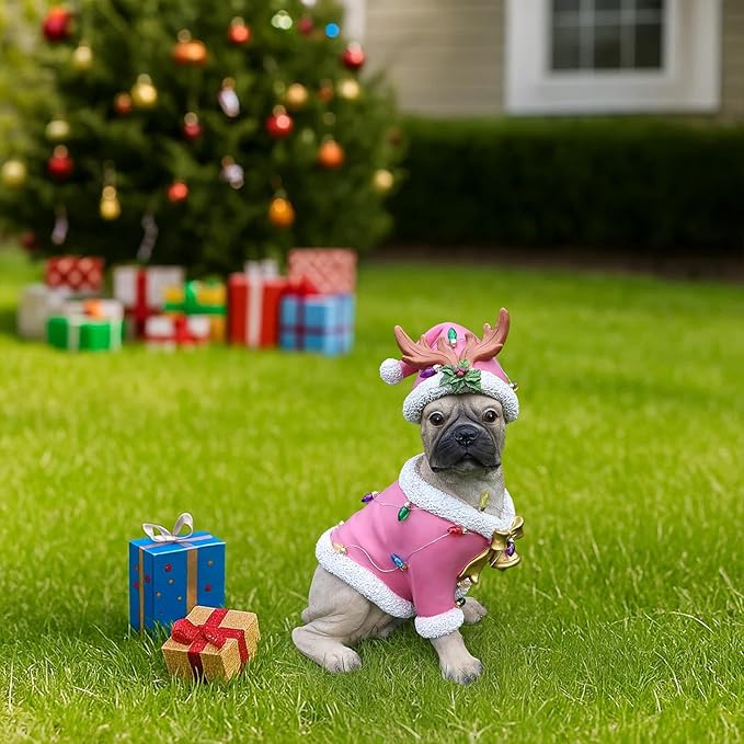 Christmas Outdoor Decoration Dog Statue, LED Light Cute English Bulldog Sculpture with Pink Santa Outfit & Lights for Garden and Yard, Indoor Holiday Décor Gift for mom and dad