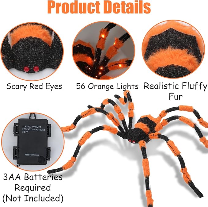 Giant Spider Halloween Decorations, 60” Big Black Lighted Halloween Spider with Red Eyes 56 LED Orange Lights Timer for Spiderweb Indoor Outdoor Yard Party Haunted House Decoration