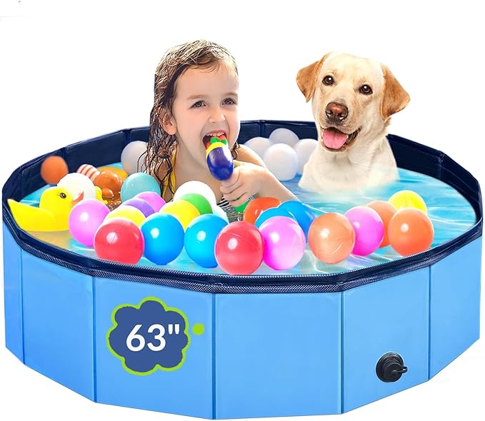 Dog Pool, Foldable Pet Swimming Pool with 6mm High-Strength PP Board, Hard Plastic Collapsible Doggy Pools for Small Dogs Kitty Duck, Non-Slip Doggie Bathtub Quick to Set Up and Drainage Hole, 63.2"