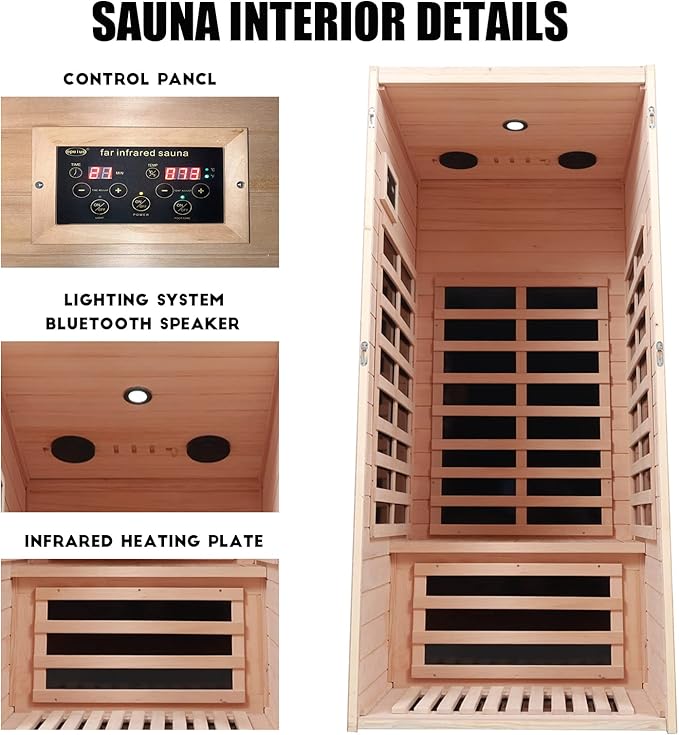 1 Person Infrared Sauna, Home Sauna, Hemlock Wood Far Infrared Sauna, 1,200watt, Low EMF FAR Infrared with Bluetooth, LCD, LED Lights, for Home Indoor