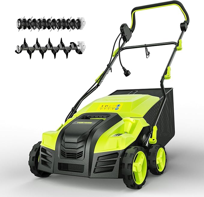 16-Inch Electric Dethatcher and Scarifier, YERYORK 2-in-1 Scarifier and Lawn Dethatcher with Powerful 15.5 AMP Motor 14.5Gal Collection Bag 5-Position Depth Foldable Handle for Lawns(Dark Green)