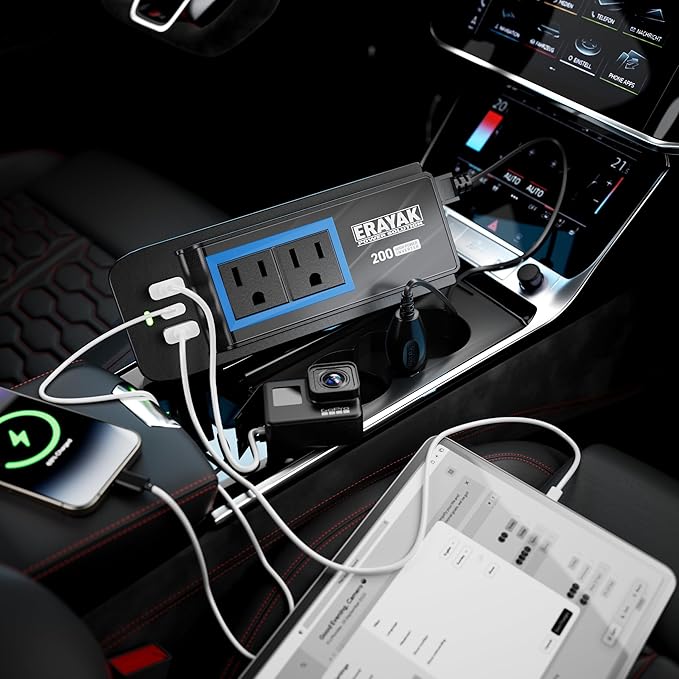 ERAYAK 200W Car Power Inverter, 12V to 110V Cigarette Lighter Adapter to Wall Plug, with AC Outlets & USB C Fast Charger, Car & Truck Accessories for Road Trips
