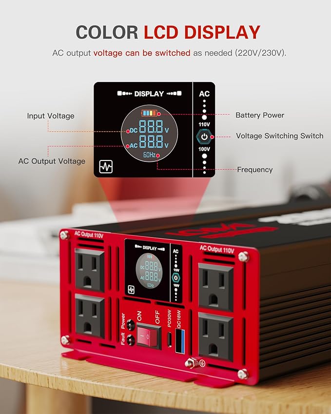 2000 Watts Pure Sine Wave Power Inverter 12V DC to 110V 120V AC Converter for Home RV Off Grid Truck Solar System Inverters with Type-C PD30W USB QC3.0 Port 4 AC Outlets LCD Display and Remote Control