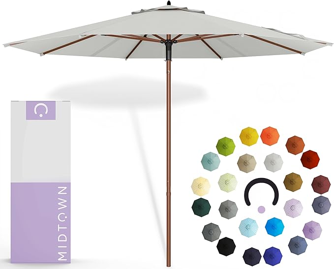 Midtown Umbrellas The Wooden 8 Feet Patio Umbrella With Terylast Off Cream (Off White) Polyester Fabric - Aluminum Frame Market Umbrella For Backyard, Deck, Garden, Pool - Wooden Pole