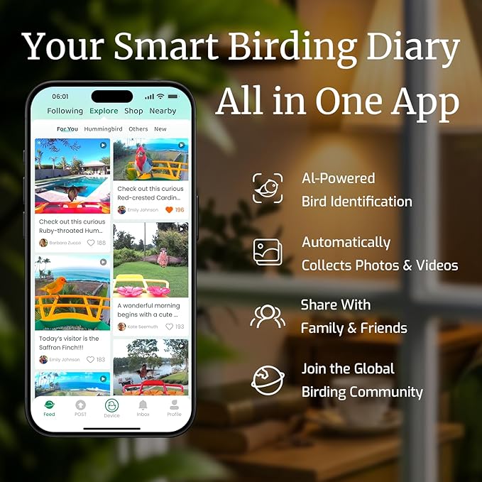Smart Window Humming Bird Feeder Camera, AI Identifies Species in 2K HD, with Ant Moat & Secure Suction Mount - The Ultimate Gift for Hummingbird Lovers (Transparent)