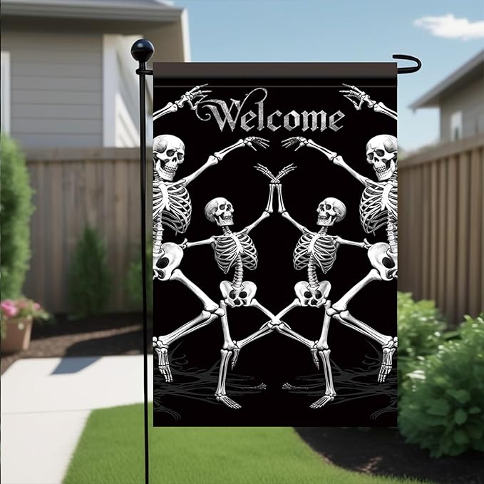Halloween Garden Flag Dancing Skeleton Welcome Flag 12x18 Inch Double Sided Gothic Outdoor House Yard Banner for Lawn Porch Patio Spooky Skull Holiday Decoration Black Background Decor