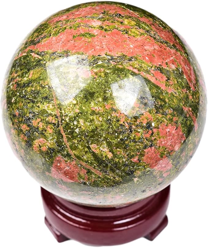 JIC Gem Small Crystal Sphere Ball Natural Unakite Stone Healing Crystal Ball with Decoation Stand for Fengshui Meditation Decoation (60-70mm)