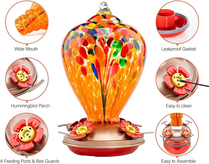 Muse Garden Hummingbird Feeders for Outdoors Hanging, Blown Glass Hummingbird Feeder Gifts for Mom, Garden Decor for Outside, Unique Gifts Idea for Women, 34OZ, Orange Fireworks