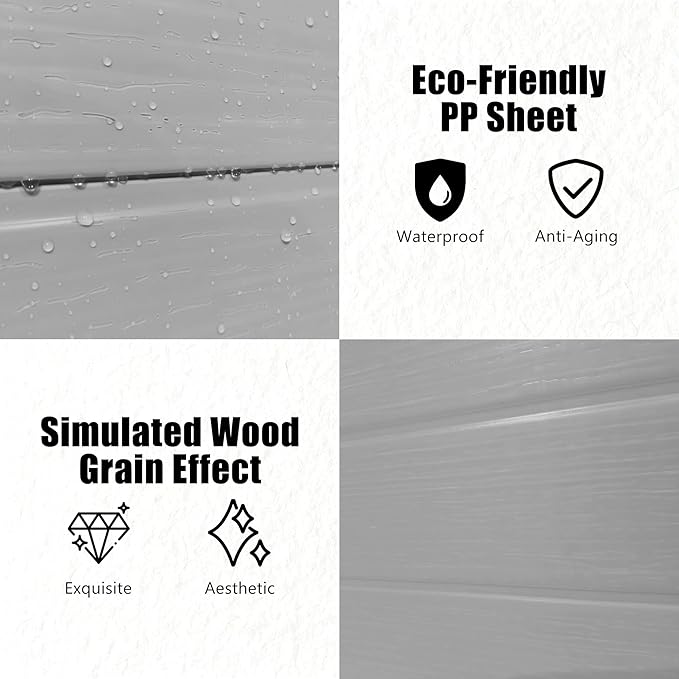 Outdoor Shed 5x3/6x4/7x7/8x6/8x10/8x12 FT, 15MM Thick PP Resin Plastic Shed with Lockable Door & Floor - Waterproof Plastic Tool Shed for Bike, Garbage Can, Backyard, Patio ﻿ ﻿ (Grey, 8x12FT)