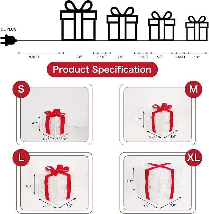 Set of 4 Christmas Lighted Gift Boxes, 3.3FT 70 LED Stackable Light Up Present Boxes for Christmas Decorations Indoor Outdoor Yard Lawn Porch Home Decor(4 Piece Set)