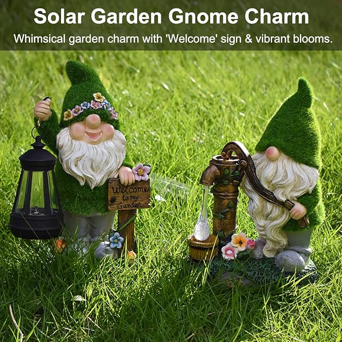 VINIUSIKI Solar Garden Gnome Statues with Lantern Light, Easter Outdoor Decorations for Porch Patio, Gifts for Women and Men, Decorative Resin Statue for Outdoor Patio Yard