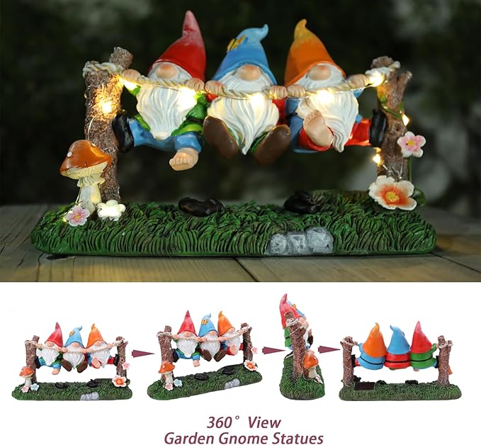 Garden Gnome Statue, Solar Swing Gnomes Figurine with Flowers and Mushrooms, Waterproof Resin Outdoor Decor for Patio Lawn Yard Home Tabletop Decoration