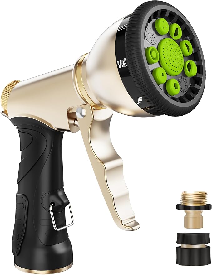 RAINPOINT Garden Hose Nozzle, Hose Sprayer Nozzle with 9 Spray Patterns, High Pressure Water Hose Nozzle Heavy Duty Metal Hand Sprayer, Watering Plants and Lawn, Car Washing, Pet Showering,Green