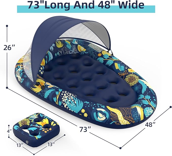 3-in-1 Pool Floats with Canopy Cup Holder, Large 73" x 48" Pool Floats Adults Heavy Duty, Inflatable Lounger Raft Floating Chair with Backrest, Swimming Pool Lake Beach Pool Party