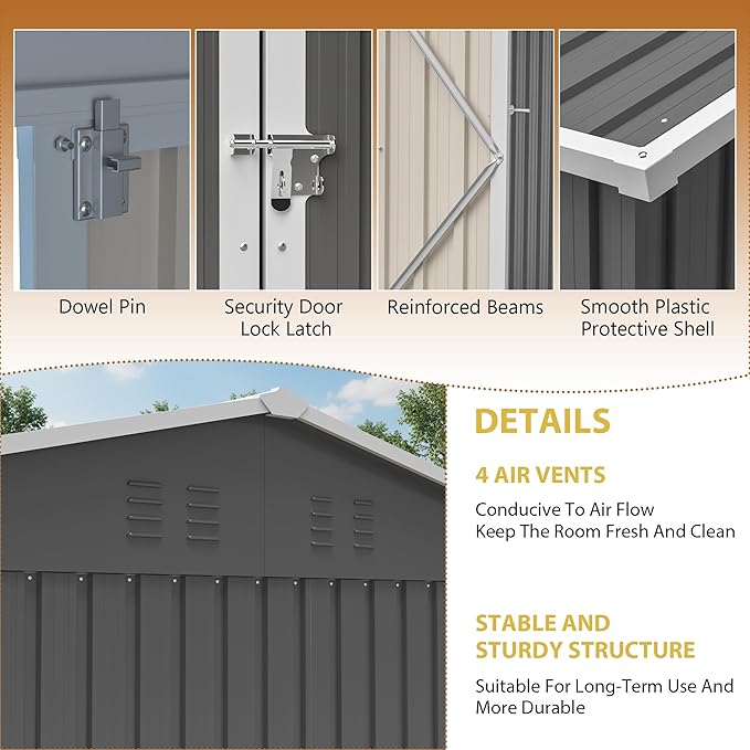 10X12 FT Outdoor Storage Shed Heavy-Duty Metal Sheds & Outdoor Storage with Floor Frame, Rustic Style Window and Lockable Doors Bright and Spacious Tool Sheds for Backyard Garden Patio Lawn, Gray