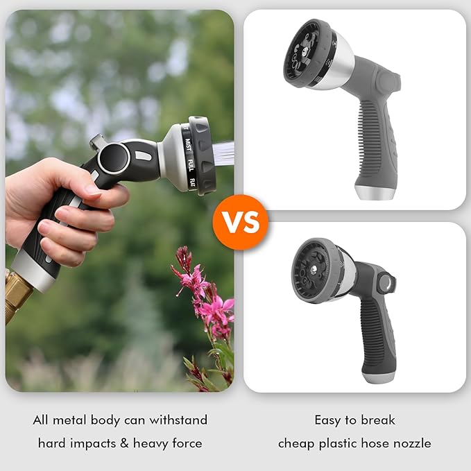 RESTMO Water Hose Nozzle, Metal Garden Hose Sprayer, Heavy Duty | 9 Spray Patterns | High Pressure | Thumb Flow Control, Ideal for Outdoor Lawn & Plant Watering, Car & Pet Washing, Silver
