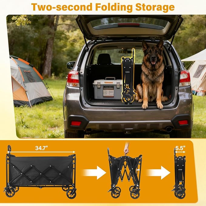 Yobller Wagons Carts Foldable,Large Capacity Foldable Wagon Cart Collapsible Wagon with Wheels & Drink Holders,Utility Folding Cart for Camping Garden Grocery Shopping