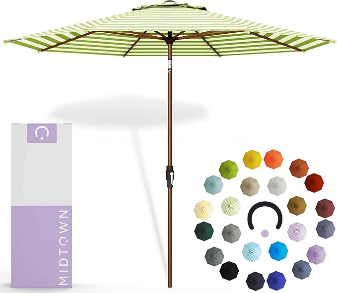 Midtown Umbrellas Wooden 2-8 Feet Outdoor Patio Umbrella, Terylast Green & White Stripes Fabric, Aluminum Frame For Backyard Umbrella, Deck Umbrella, Garden Umbrella & Pool Umbrella - Wooden Pole