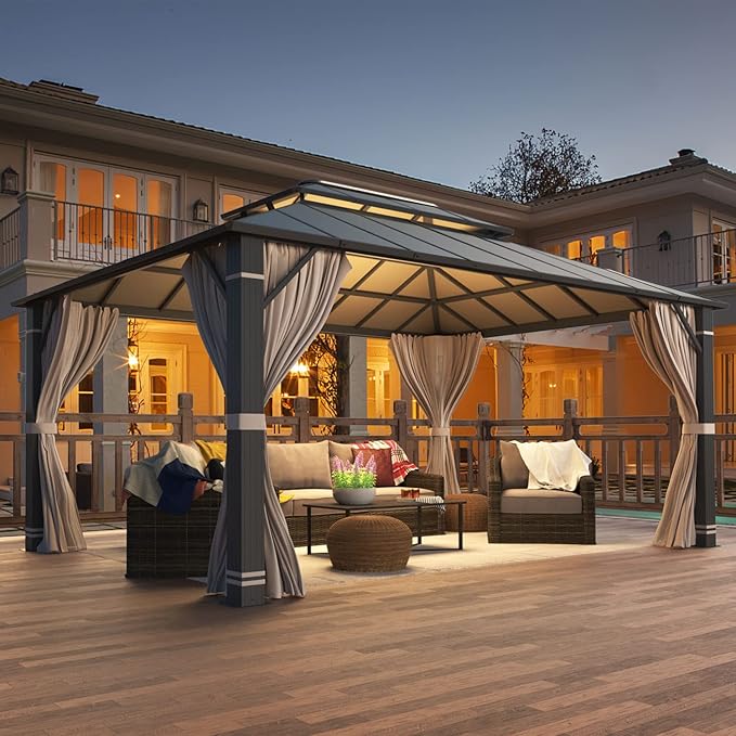 YOLENY 12' x 16' Hardtop Gazebo, Permanent Outdoor Aluminum Patio Gazebo with Aluminum Composite Double Roof for Patio Lawn and Garden, Curtains and Netting Included