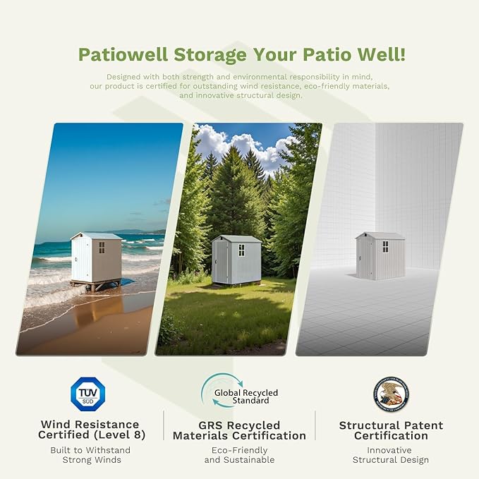 Patiowell 4 x 8 FT Plastic Outdoor Storage Shed with Floor, Garden Tool Shed with Two Windows and Single Lockable Door for Garden, Backyard, Lawn, Easy to Install, Light Grey(Fit-it Shed)