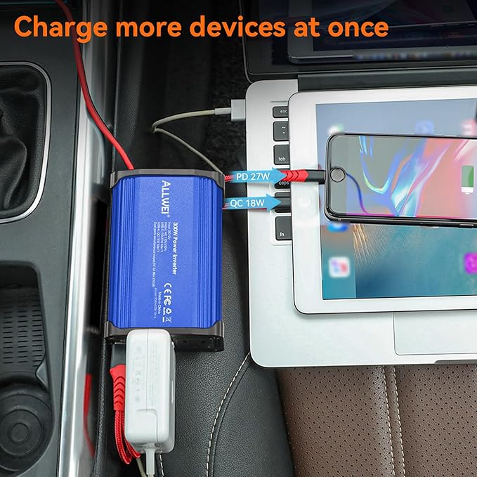 ALLWEI 300W Car Power Inverter, DC 12V to 110V AC Converter Car Plug Adapter Outlet with 27W PD USB-C & 18W USB-A Fast Charge, Car Cigarette Lighter Charger for Phone, Laptop, Tablet - Blue