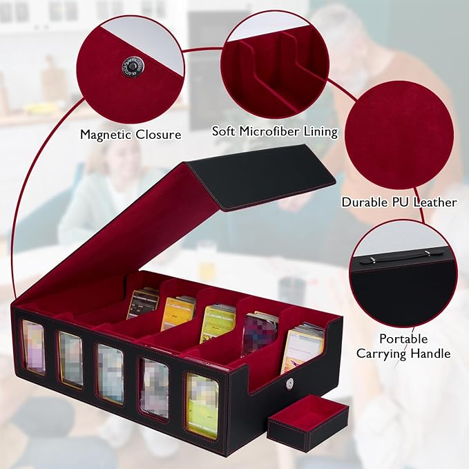 Larger Trading Card Storage Box for Top Loaders, 3900+Card Deck Case with Portable Handle & Commander Display, 500 Sleeves, 5 Toploaders, 15 Stoppers, 24 Dividers, 1 Dice Tray, for MTG/TCG Magic Cards