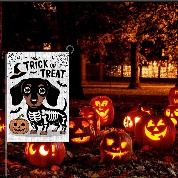 HTBIG Halloween Trick or Treat Garden Flags, Halloween Ghost Dog Pumpkin Decor, Yard Flags for Outside 12x18 inch, Holiday Skeleton Yard Outside for Home Decorations