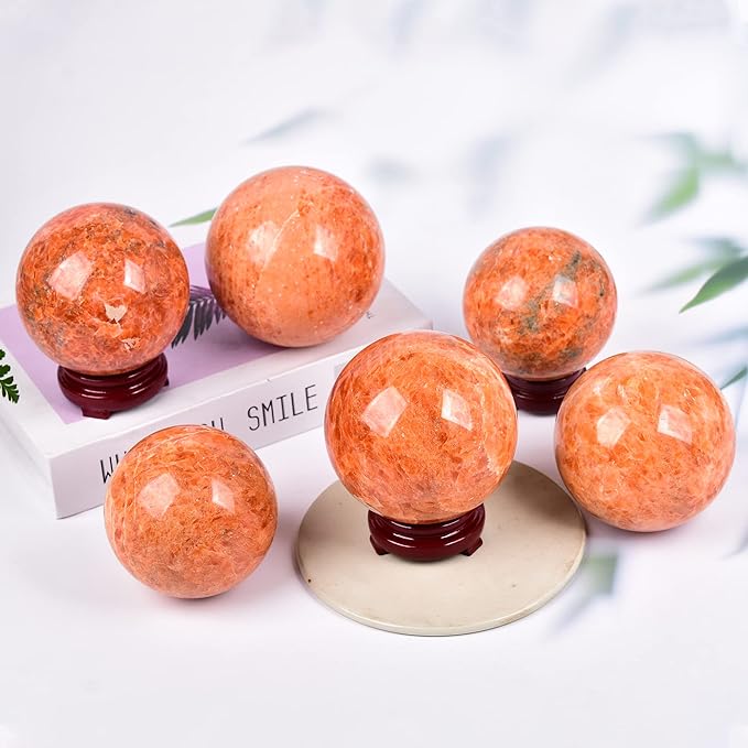 JIC Gem Sunstone Crystal Sphere Ball Natural Quartz Crystal Sphere Ball with Wooden Stand (50-60mm)
