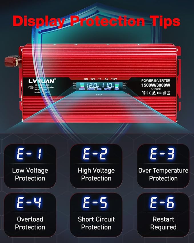 LVYUAN 1500W Car Power Inverter 12V to 110V DC to AC with 2 US Sockets, Cigarette Lighter, LCD Display, USB Ports for Car, Home, Truck, Outdoor, Camping