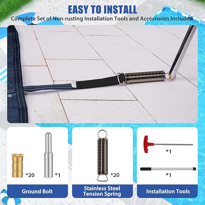 Inground Pool Cover Safety Fits Rectangle Swimming Pool, Mesh Solid Pool Cover for Inground Pools,Winter Pool Safety Cover Includes Safety Net and Installation Tools Blue (Blue, Fits 12x20ft Pools)